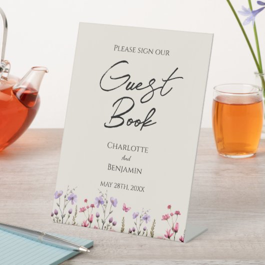 ワイルドフラワーモダンベージュ結婚のゲストブックサイン 台座サイン (インサイチュ)