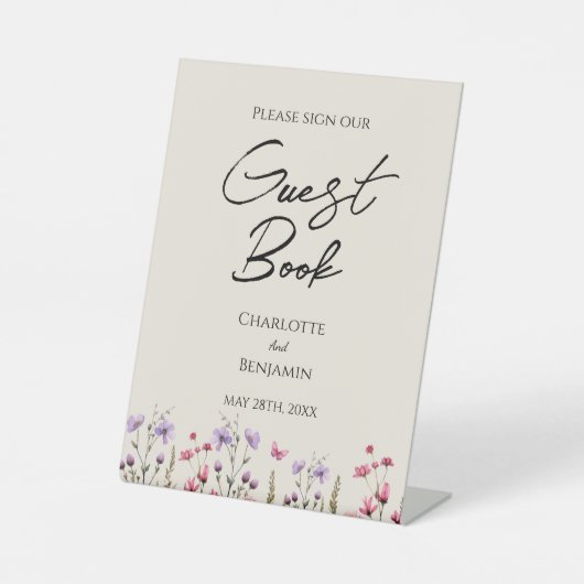 ワイルドフラワーモダンベージュ結婚のゲストブックサイン 台座サイン (正面)