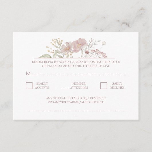 ワイルドフラワーモダンホワイト結婚のQRコードRSVP エンクロージャーカード (正面)