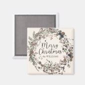 ワイルドフラワーモダンリーススクリプトクリスマスファミリー マグネット (正面/裏面)