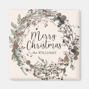 ワイルドフラワーモダンリーススクリプトクリスマスファミリー マグネット