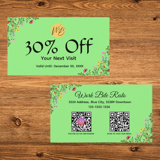 ワイルドフラワーモダンレストランQrコードメニューと 割引カード