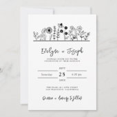 ワイルドフラワーモダン白黒ボホユニーク結婚ズ 招待状 (正面)