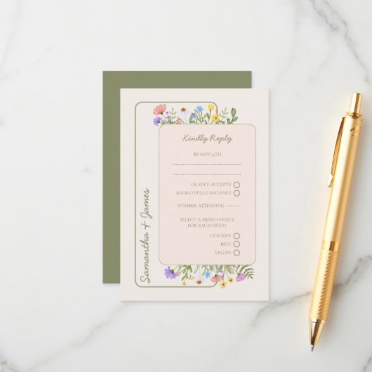 ワイルドフラワーモダン素朴ウェディングRSVP エンクロージャーカード (正面/裏面インサイチュ)