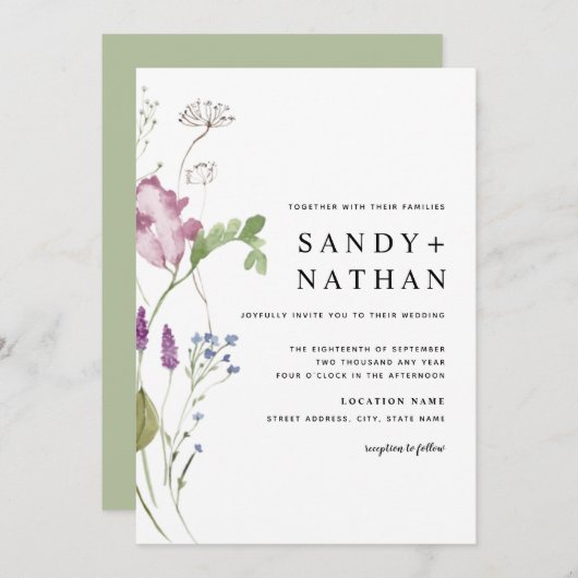 ワイルドフラワーモダン結婚式招待状 招待状 (正面/裏面)