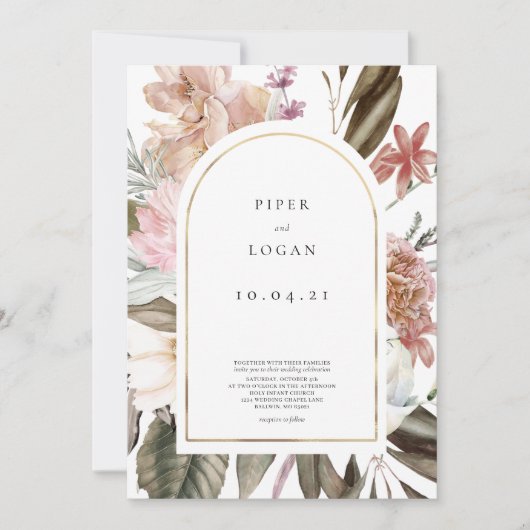 ワイルドフラワーモダン金ゴールドアルチ結婚ーズ 招待状 (正面)