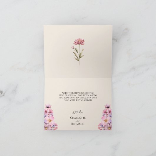 ワイルドフラワーモダン・ベージュ結婚の折り曲げ サンキューカード (内部)