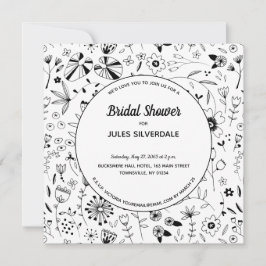 ワイルドフラワーモノクロモダンブライダルシャワー 招待状