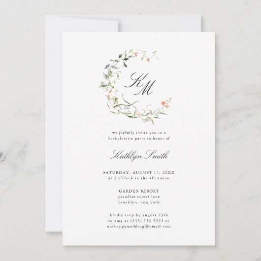 ワイルドフラワーモノグラムリースバチェロレッテ 招待状 (正面)