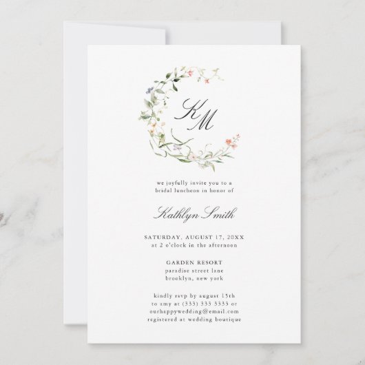 ワイルドフラワーモノグラムリースモダンブライダルルンチョン 招待状 (正面)