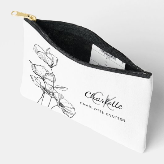ワイルドフラワーラインアートシンプルモノグラム名 アクセサリーポーチ (見開き)