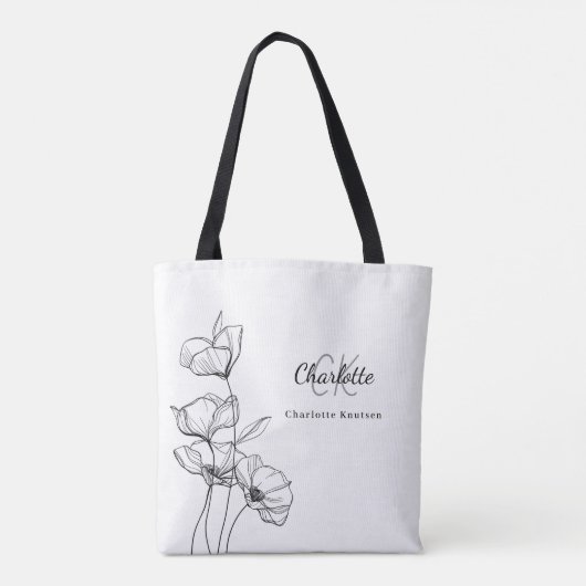 ワイルドフラワーラインアートシンプルモノグラム名 トートバッグ (裏面)