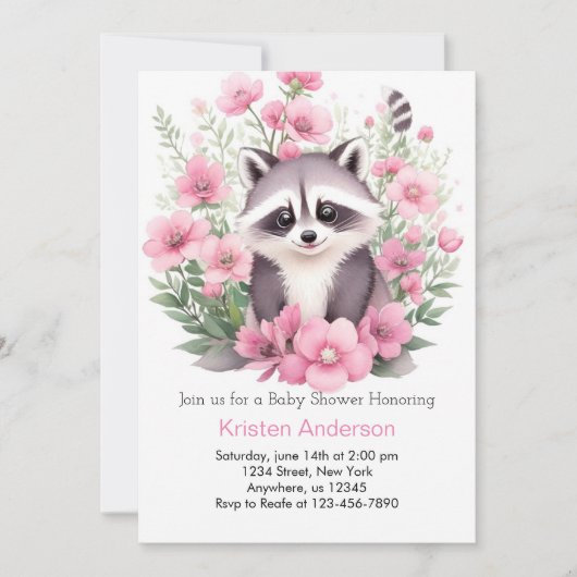 ワイルドフラワーラクーンピンクアドベンチャーガールベビーシャワー 招待状 (正面)