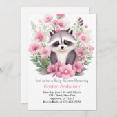 ワイルドフラワーラクーンピンクアドベンチャーガールベビーシャワー 招待状 (正面/裏面)