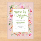 ワイルドフラワーラブが開花ピンクブライダルシャワー アクリル招待状 (正面)
