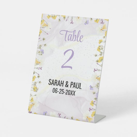 ワイルドフラワーラベンダー結婚とヤローのテーブル番号 台座サイン (正面)