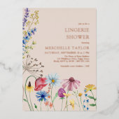 ワイルドフラワーランジェリーシャワー素朴バラ金ゴールド 箔招待状 (正面)