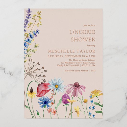 ワイルドフラワーランジェリーシャワー素朴バラ金ゴールド 箔招待状 (正面)