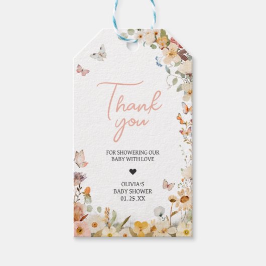 ワイルドフラワーリトルバタフライベビーシャワーメッセージカード ギフトタグ (正面)