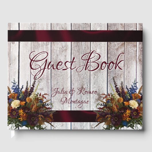 ワイルドフラワーリボン&ハート結婚- Burgundy ゲストブック (正面)