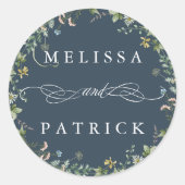 ワイルドフラワーリースエレガントウェディングネイビーブルー ラウンドシール (正面)