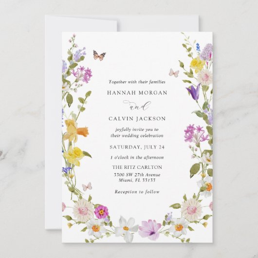 ワイルドフラワーリースエレガント庭園の結婚式 招待状 (正面)
