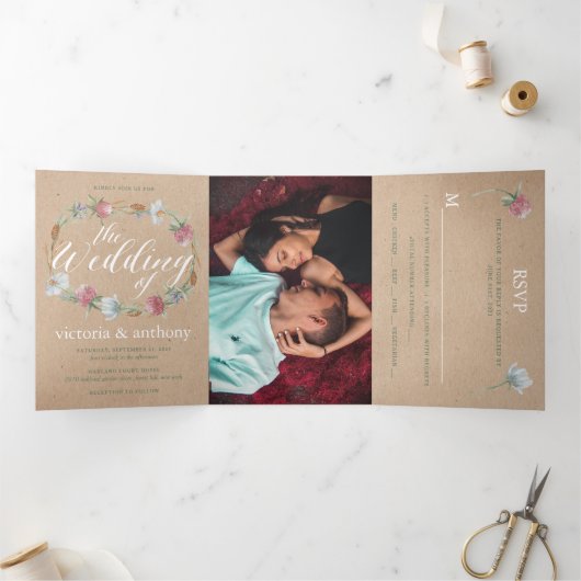 ワイルドフラワーリースオンクラフトカントリーウェディングスイート 三つ折り招待状 (内部)