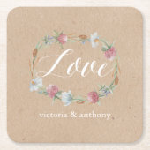 ワイルドフラワーリースオンクラフトカントリーウェディング スクエアペーパーコースター (正面)