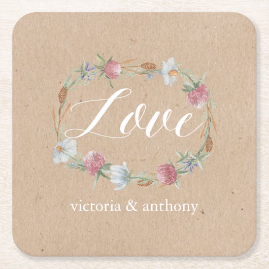 ワイルドフラワーリースオンクラフトカントリーウェディング スクエアペーパーコースター (正面)