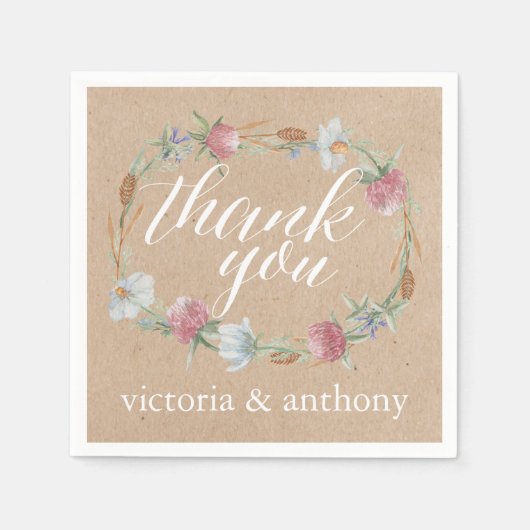 ワイルドフラワーリースオンクラフトカントリーウェディング スタンダードカクテルナプキン (正面)
