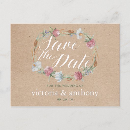 ワイルドフラワーリースオンクラフトカントリー日付を保存 案内ポストカード (正面)