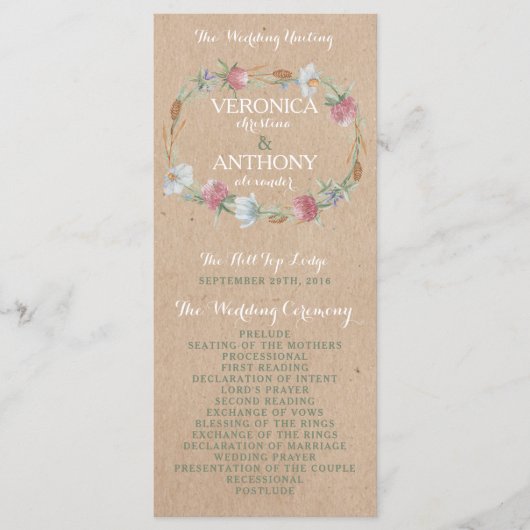 ワイルドフラワーリースオンクラフトカントリー結婚式プログラム プログラム (正面)