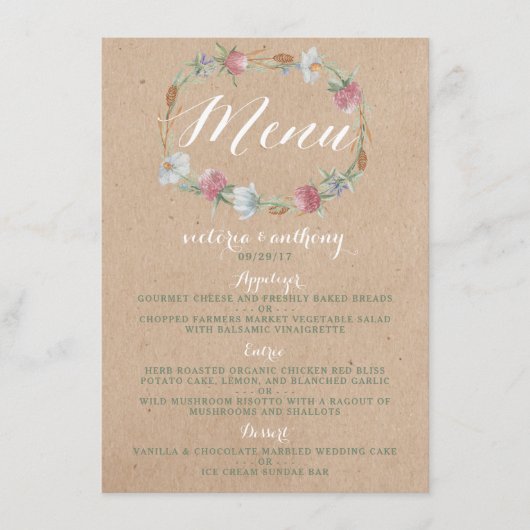 ワイルドフラワーリースオンクラフトカントリー結婚式メニュー メニュー (正面)