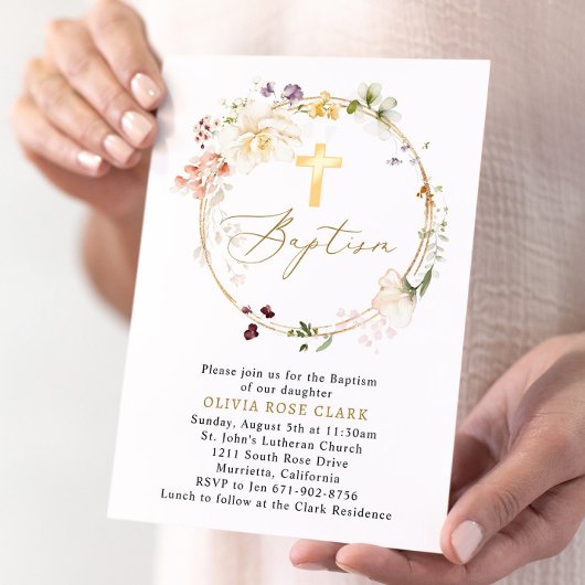 ワイルドフラワーリースバプテスマ《キリスト教》洗礼式や命名式金ゴールドフレーム 招待状