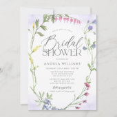 ワイルドフラワーリースパープルウォーターカラーブライダルシャワー 招待状 (正面)