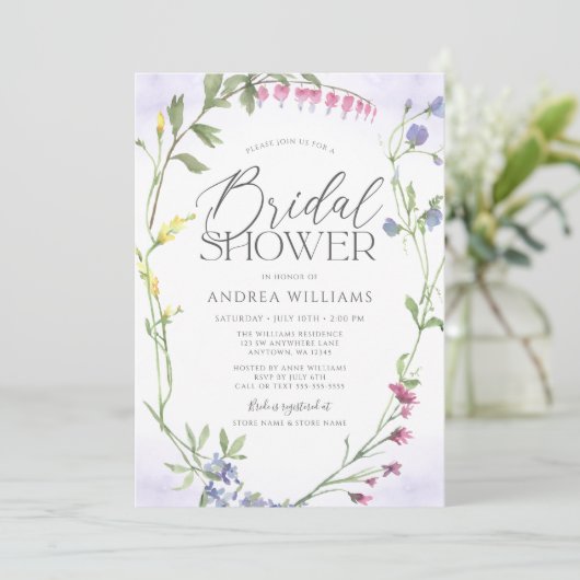 ワイルドフラワーリースパープルウォーターカラーブライダルシャワー 招待状 (スタンド正面)