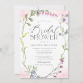 ワイルドフラワーリースピンクウォーターカラーブライダルシャワー 招待状 (正面)