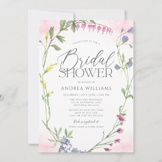 ワイルドフラワーリースピンクウォーターカラーブライダルシャワー 招待状 (正面)