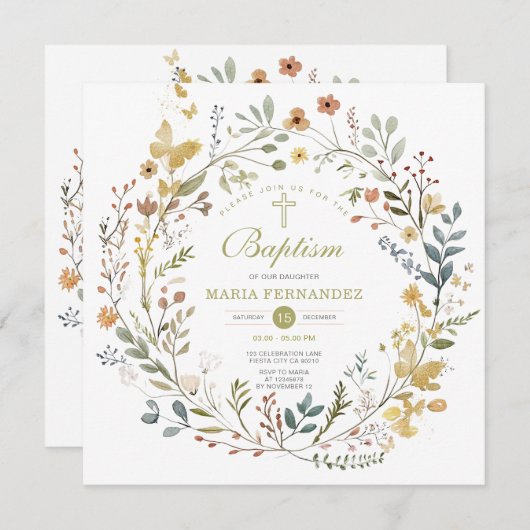 ワイルドフラワーリースフローラバプテスマ招待状 招待状 (正面/裏面)