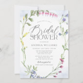 ワイルドフラワーリースブルーウォーターカラーブライダルシャワー 招待状 (正面)