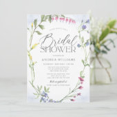 ワイルドフラワーリースブルーウォーターカラーブライダルシャワー 招待状 (スタンド正面)
