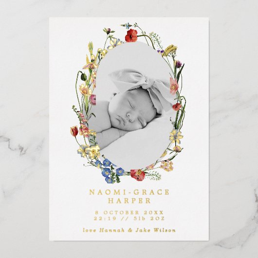 ワイルドフラワーリース写真誕生発表箔 箔招待状 (正面)
