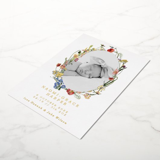 ワイルドフラワーリース写真誕生発表箔 箔招待状 (回転した状態)