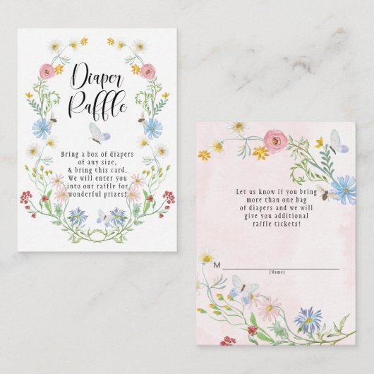 ワイルドフラワーリース水彩花おむつラッフル エンクロージャーカード (正面/裏面)