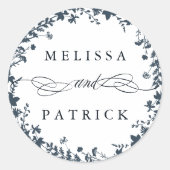 ワイルドフラワーリース結婚シルエットのネイビー&ホワイト ラウンドシール (正面)