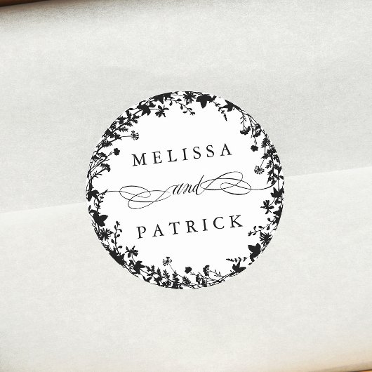 ワイルドフラワーリース結婚シルエットの白黒 ラウンドシール