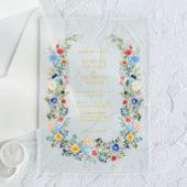 ワイルドフラワーリース金ゴールドスクリプト庭園の結婚式 アクリル招待状