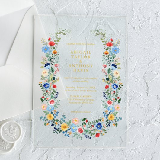 ワイルドフラワーリース金ゴールドスクリプト庭園の結婚式 アクリル招待状