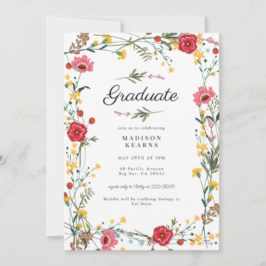 ワイルドフラワーレッドイエロー2024卒業招待状 招待状 (正面)