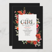 ワイルドフラワーレッドポピーフローラガールベビーシャワー 招待状 (正面/裏面)